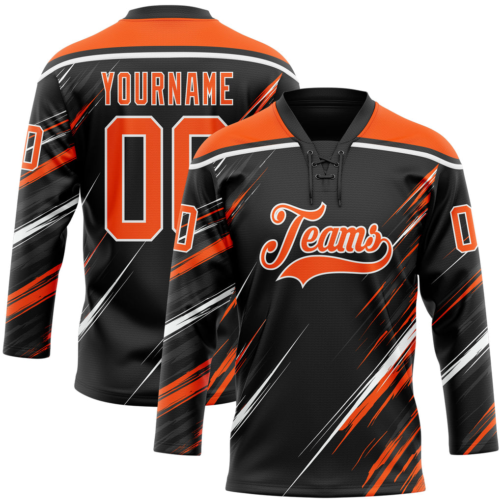Custom Black Orange-White Diagonal Scratch Brush Stroke Lace Neck Hockey Jersey