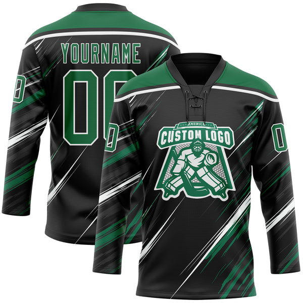 Custom Black Kelly Green-White Diagonal Scratch Brush Stroke Lace Neck Hockey Jersey