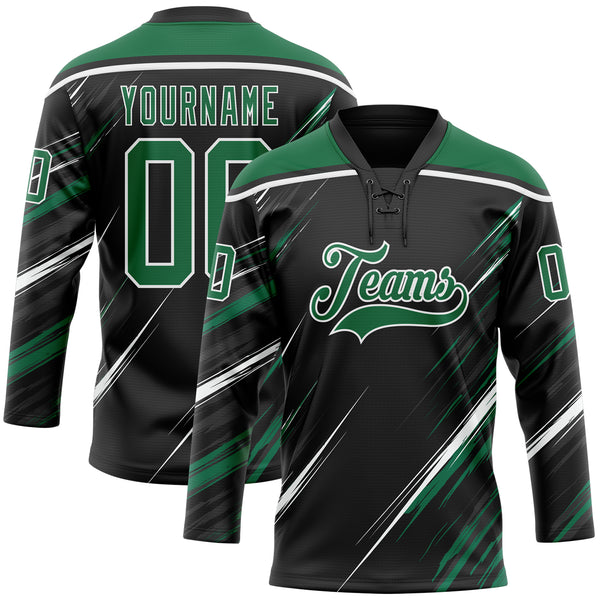 Custom Black Kelly Green-White Diagonal Scratch Brush Stroke Lace Neck Hockey Jersey