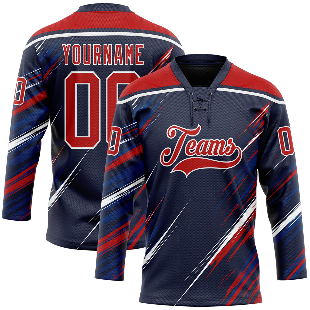 Custom Navy Red US Navy Blue-White Diagonal Scratch Brush Stroke Lace Neck Hockey Jersey