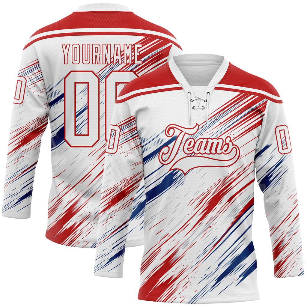 Custom White Red US Navy Blue-Gray Diagonal Scratch Brush Stroke Lace Neck Hockey Jersey