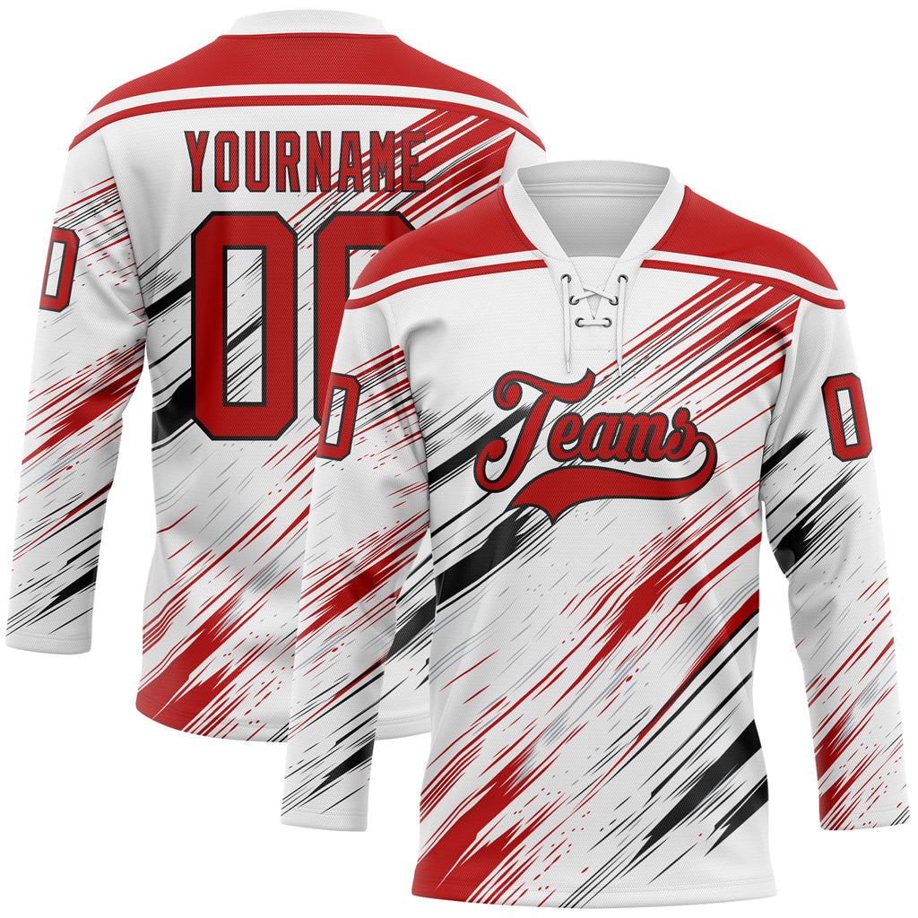 Custom White Red Black-Gray Diagonal Scratch Brush Stroke Lace Neck Hockey Jersey