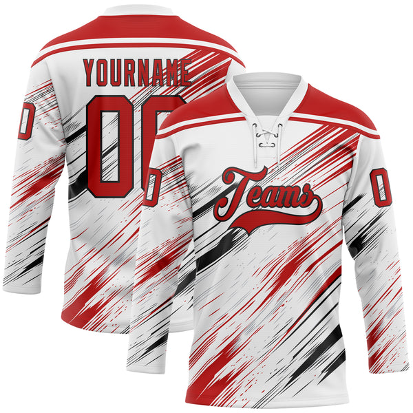 Custom White Red Black-Gray Diagonal Scratch Brush Stroke Lace Neck Hockey Jersey