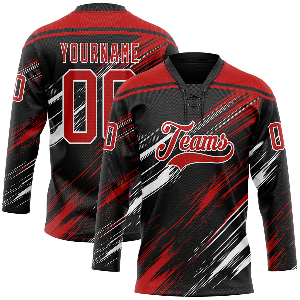 Custom Black Red-White Diagonal Scratch Brush Stroke Lace Neck Hockey Jersey
