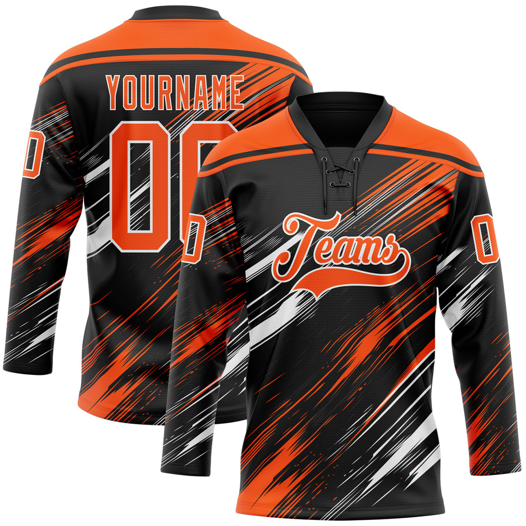 Custom Black Orange-White Diagonal Scratch Brush Stroke Lace Neck Hockey Jersey