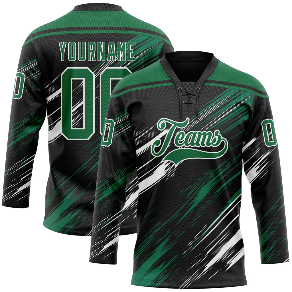 Custom Black Kelly Green-White Diagonal Scratch Brush Stroke Lace Neck Hockey Jersey