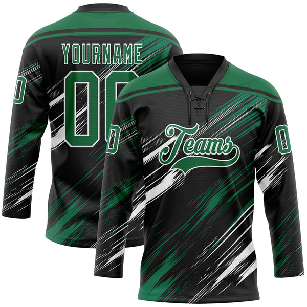 Custom Black Kelly Green-White Diagonal Scratch Brush Stroke Lace Neck Hockey Jersey