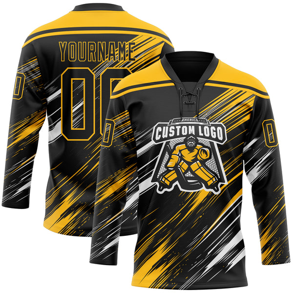 Custom Black Gold-White Diagonal Scratch Brush Stroke Lace Neck Hockey Jersey