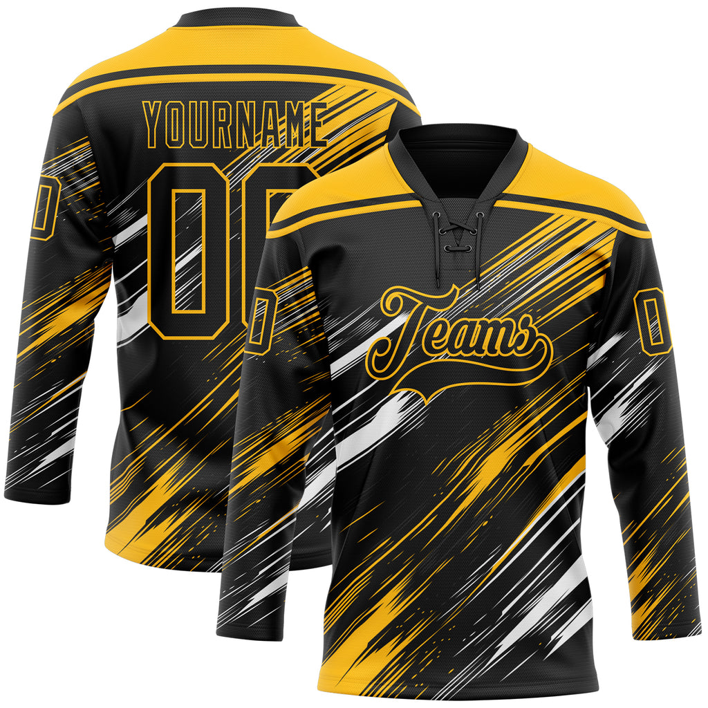 Custom Black Gold-White Diagonal Scratch Brush Stroke Lace Neck Hockey Jersey