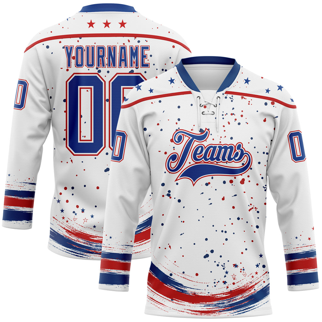 Custom White Royal-Red Stars Paint Splatter Brush Stroke Lace Neck Hockey Jersey