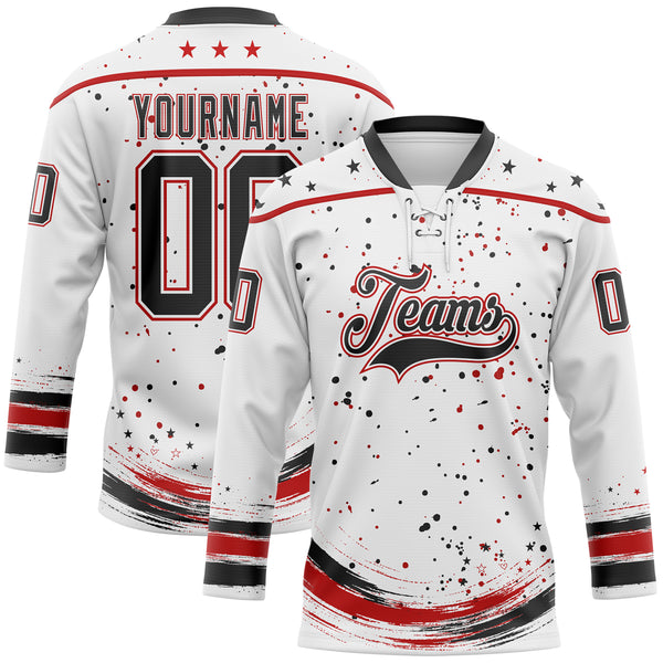 Custom White Black-Red Stars Paint Splatter Brush Stroke Lace Neck Hockey Jersey