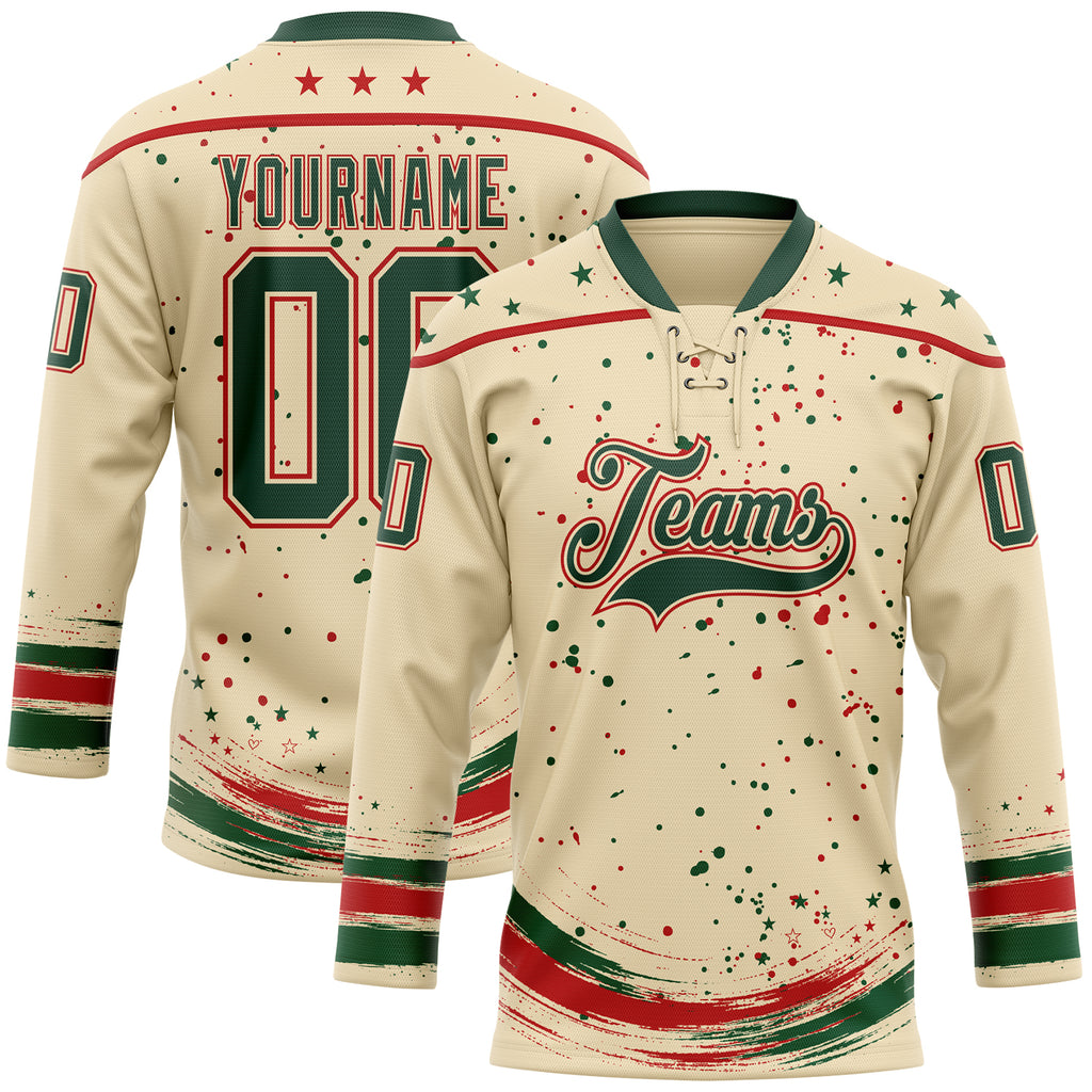 Custom Cream Green-Red Stars Paint Splatter Brush Stroke Lace Neck Hockey Jersey