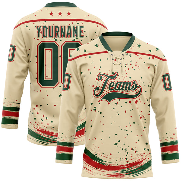 Custom Cream Green-Red Stars Paint Splatter Brush Stroke Lace Neck Hockey Jersey