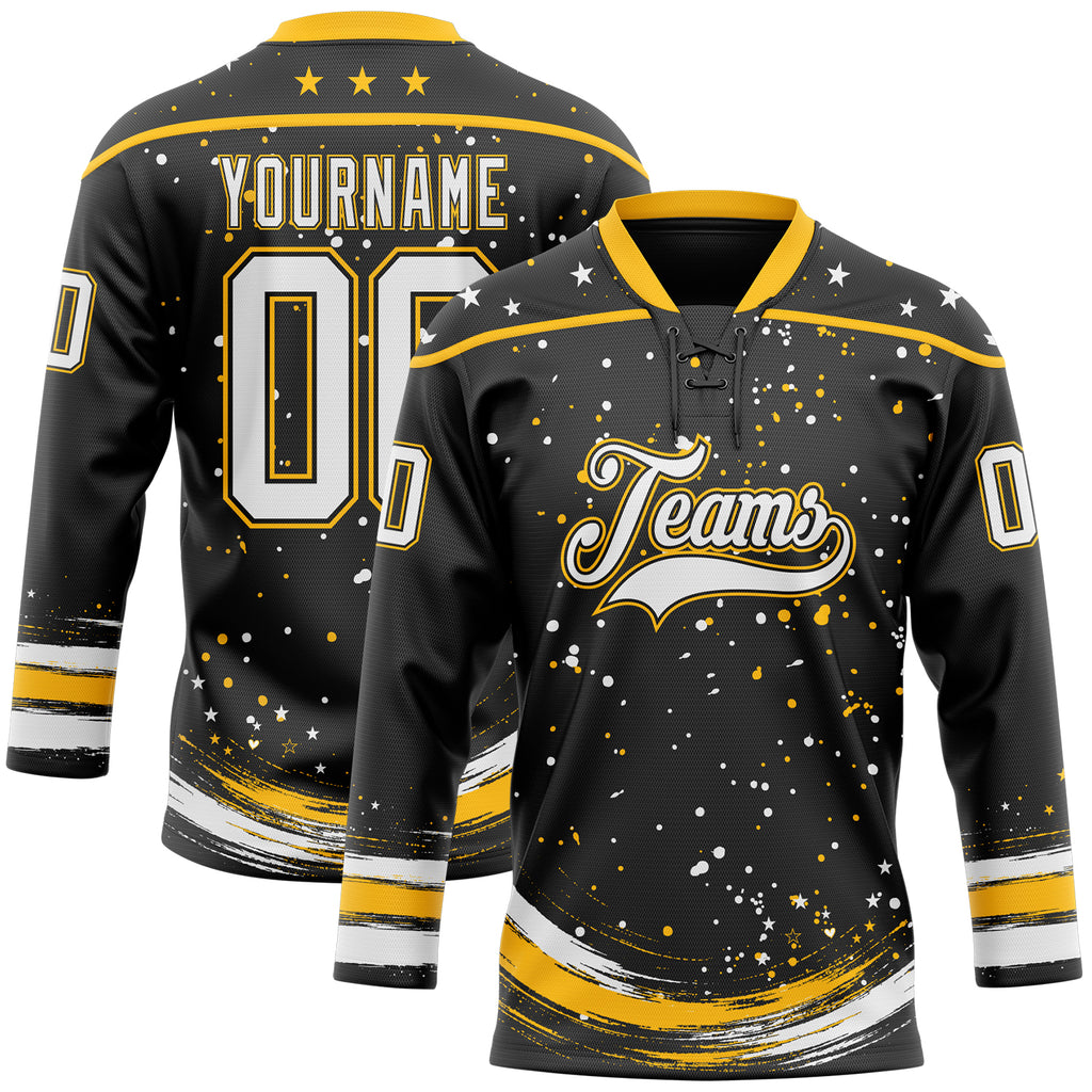 Custom Black White-Gold Stars Paint Splatter Brush Stroke Lace Neck Hockey Jersey
