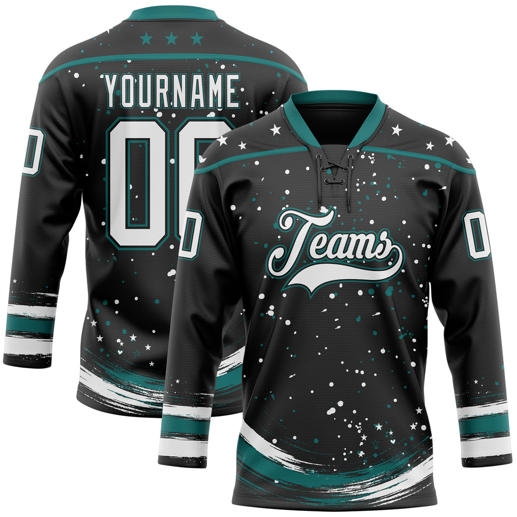 Custom Black White-Teal Stars Paint Splatter Brush Stroke Lace Neck Hockey Jersey