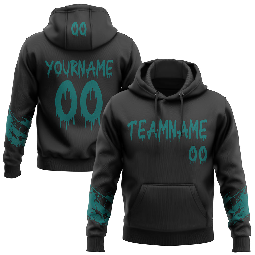 Custom Black-Teal Dripping Font Brush Stroke Splatter Sleeve Stripes Pullover Sweatshirt Hoodie
