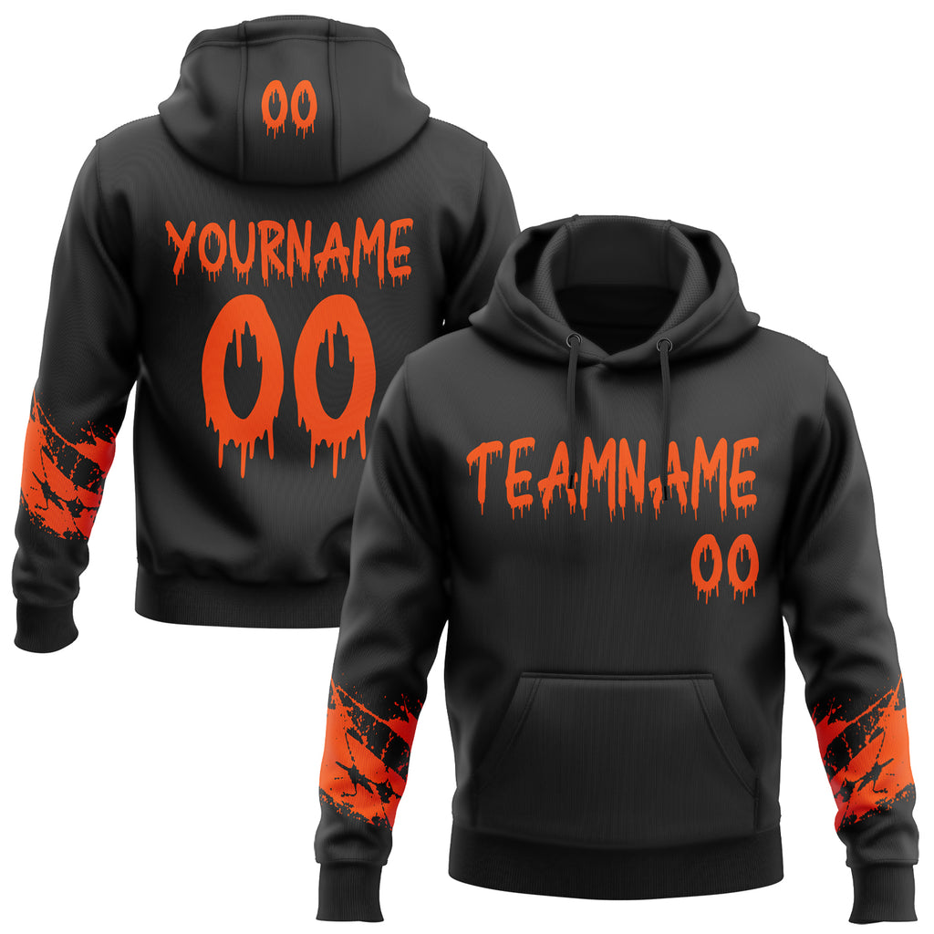 Custom Black-Orange Dripping Font Brush Stroke Splatter Sleeve Stripes Pullover Sweatshirt Hoodie