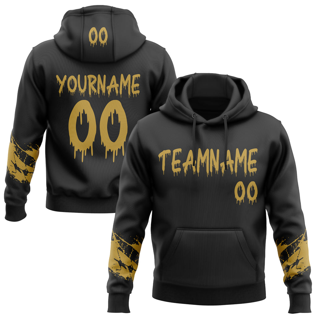 Custom Black-Old Gold Dripping Font Brush Stroke Splatter Sleeve Stripes Pullover Sweatshirt Hoodie