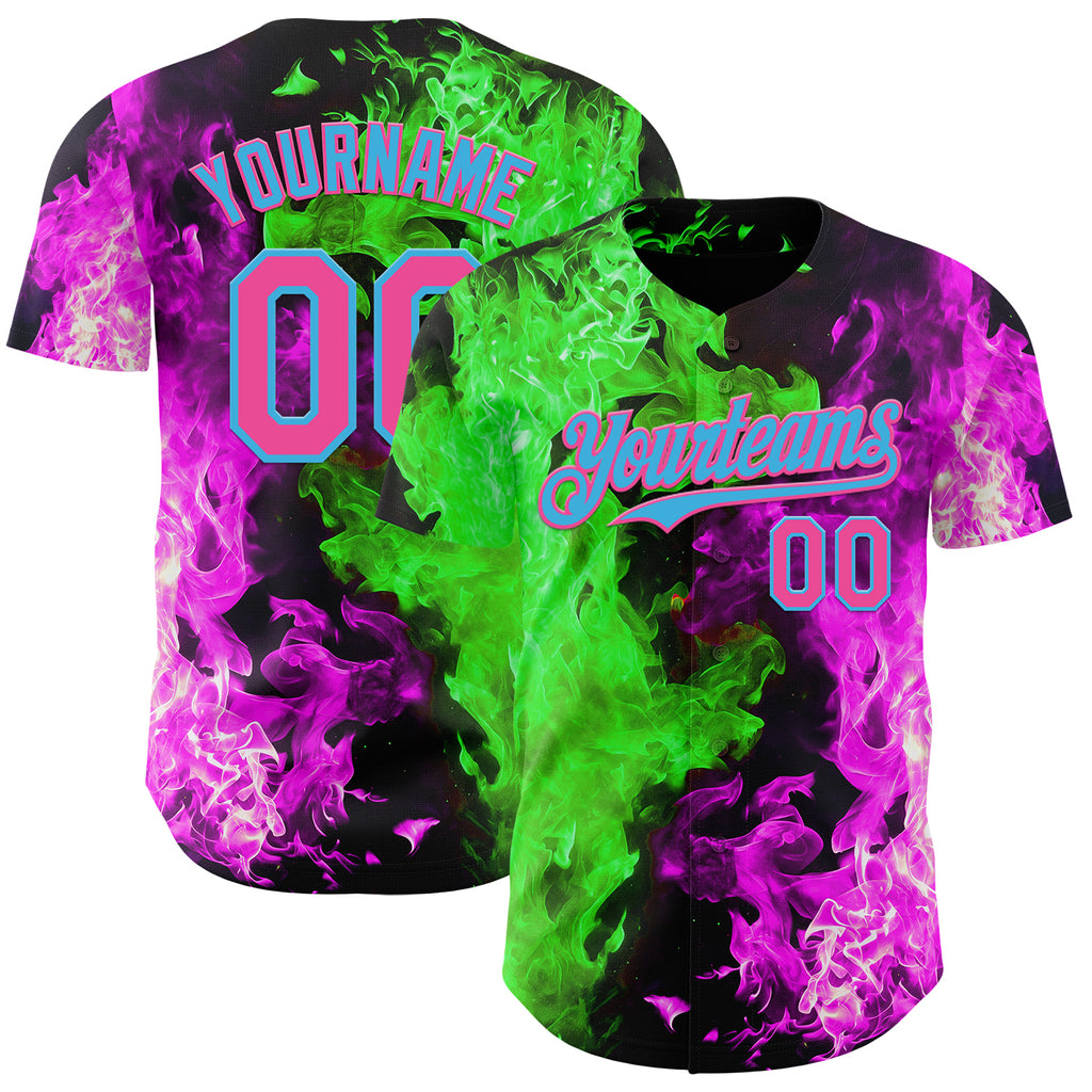 Custom Black Pink Hot Pink Green-Sky Blue Flame Split Fire Authentic Baseball Jersey
