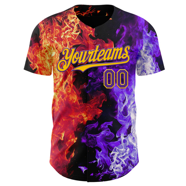 Custom Black Purple Red-Yellow Flame Split Fire Authentic Baseball Jersey