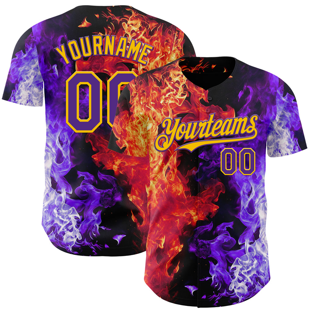 Custom Black Purple Red-Yellow Flame Split Fire Authentic Baseball Jersey