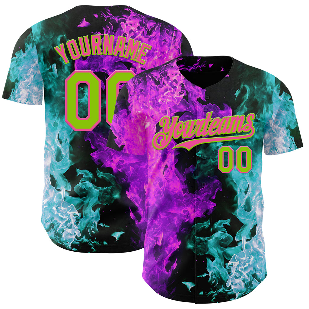 Custom Black Neon Green Ice Blue Purple-Pink Flame Split Fire Authentic Baseball Jersey