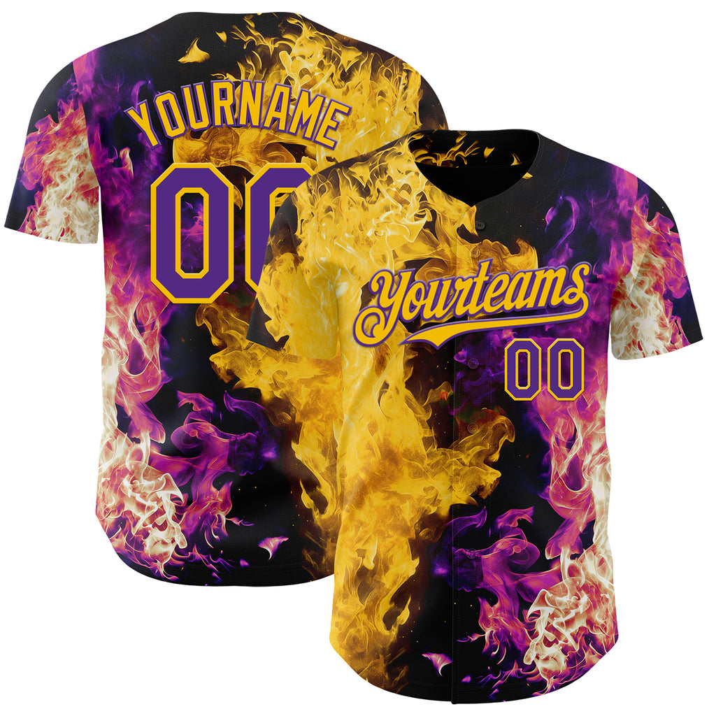 Custom Black Purple-Yellow Flame Split Fire Authentic Baseball Jersey