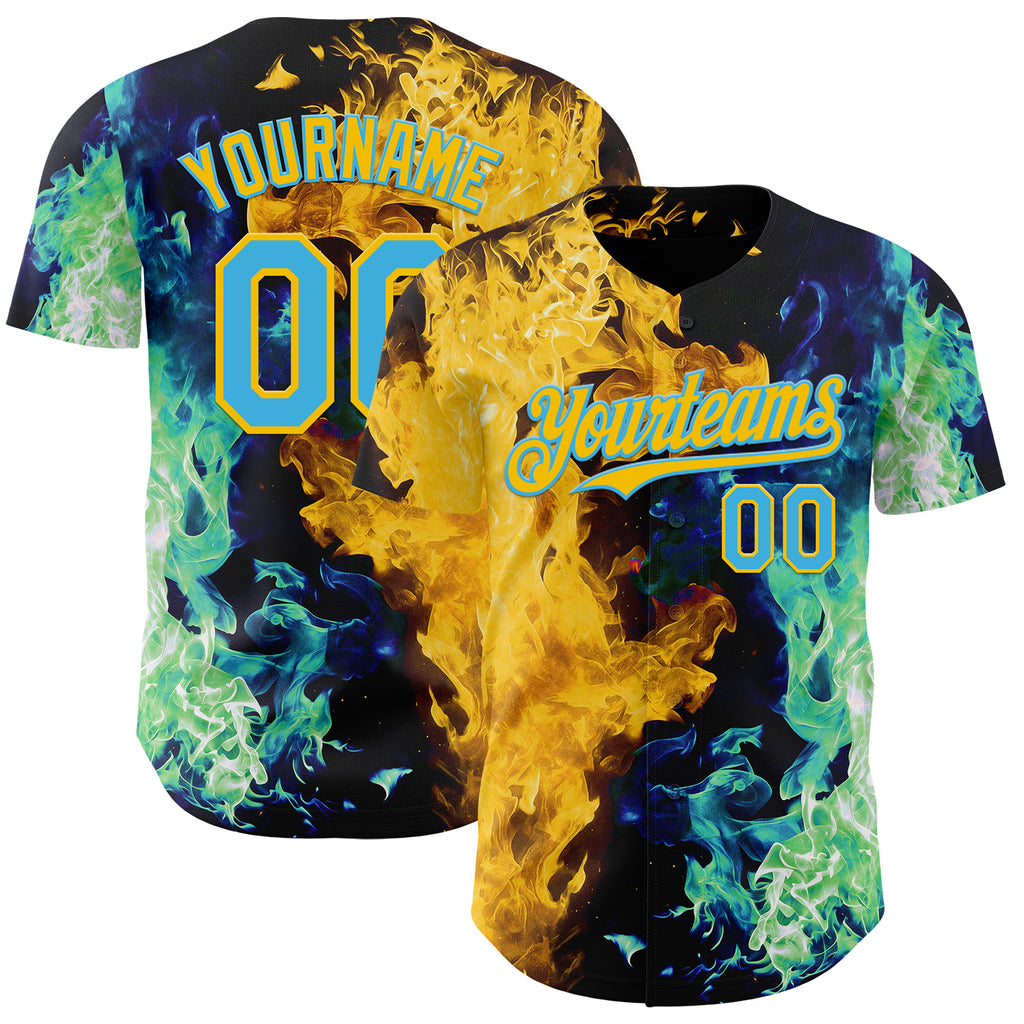 Custom Black Sky Blue Green-Yellow Flame Split Fire Authentic Baseball Jersey