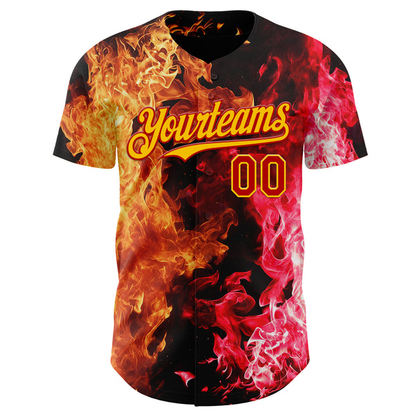 Custom Black Red-Yellow Flame Split Fire Authentic Baseball Jersey
