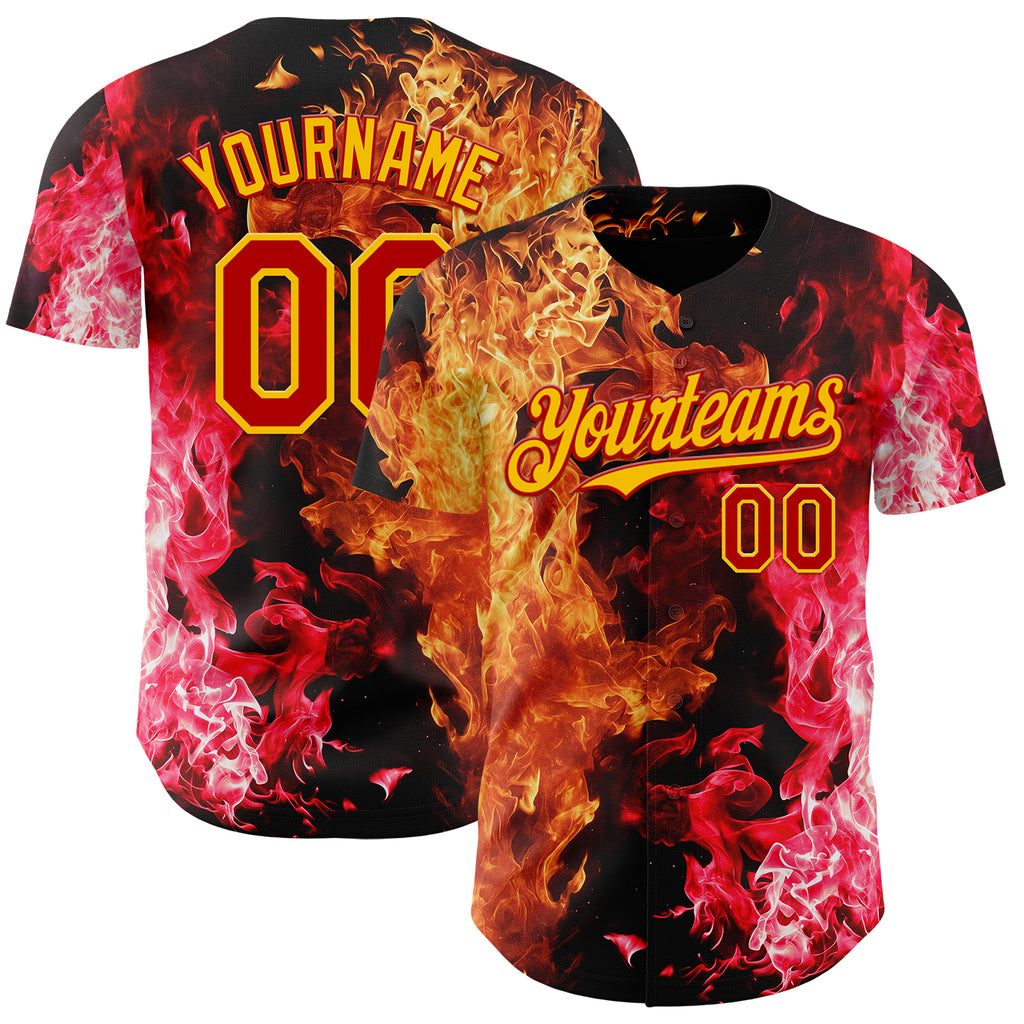 Custom Black Red-Yellow Flame Split Fire Authentic Baseball Jersey