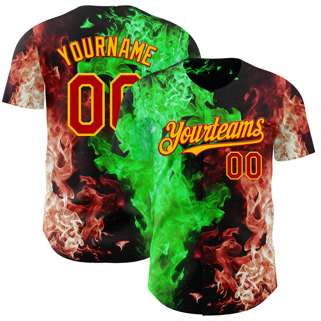 Custom Black Red Green-Yellow Flame Split Fire Authentic Baseball Jersey