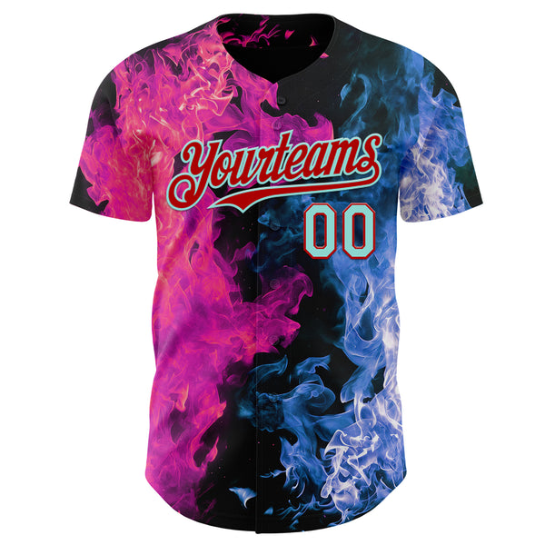 Custom Black Ice Blue Blue-Red Flame Split Fire Authentic Baseball Jersey