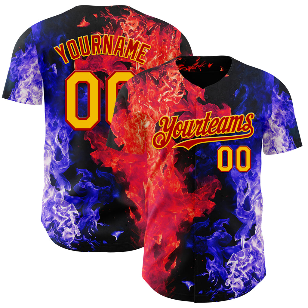 Custom Black Yellow Blue-Red Flame Split Fire Authentic Baseball Jersey