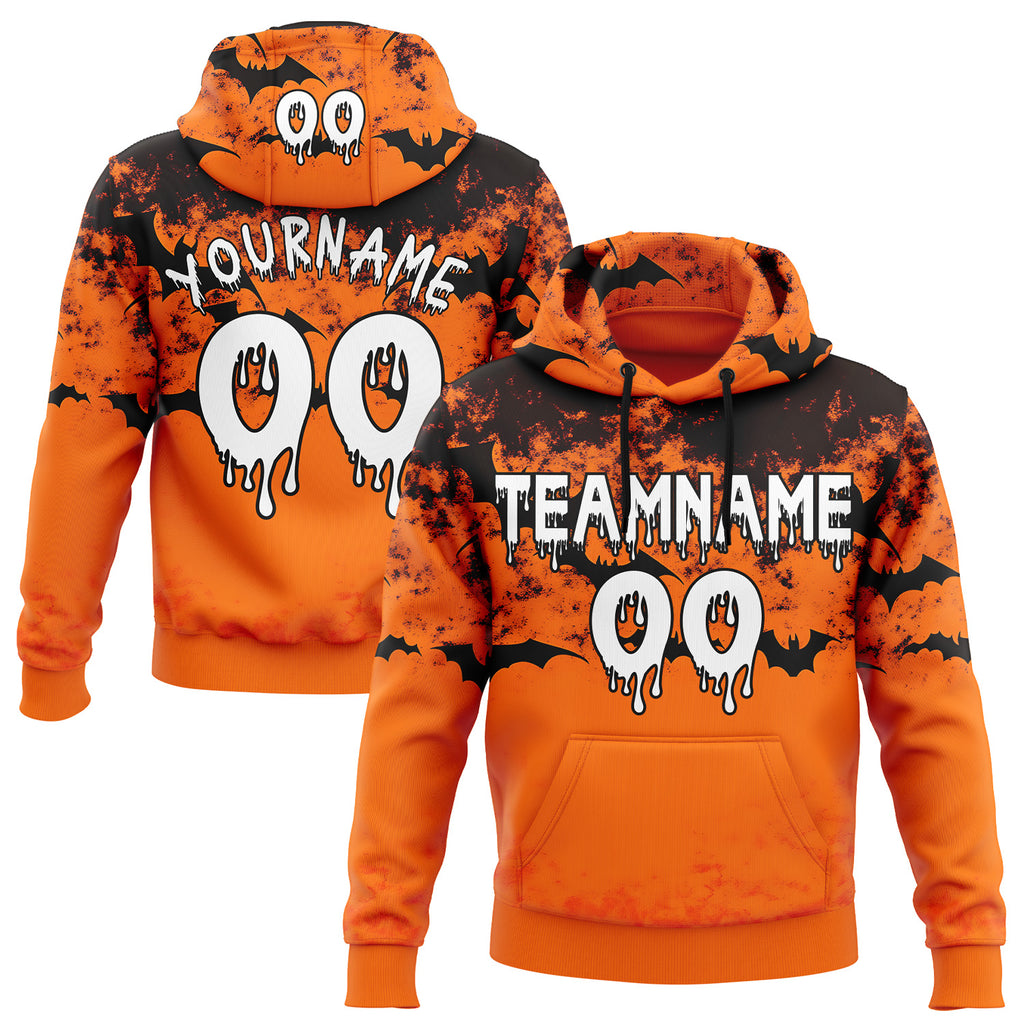 Custom  Orange White-Black Halloween Bat Pullover Sweatshirt Hoodie