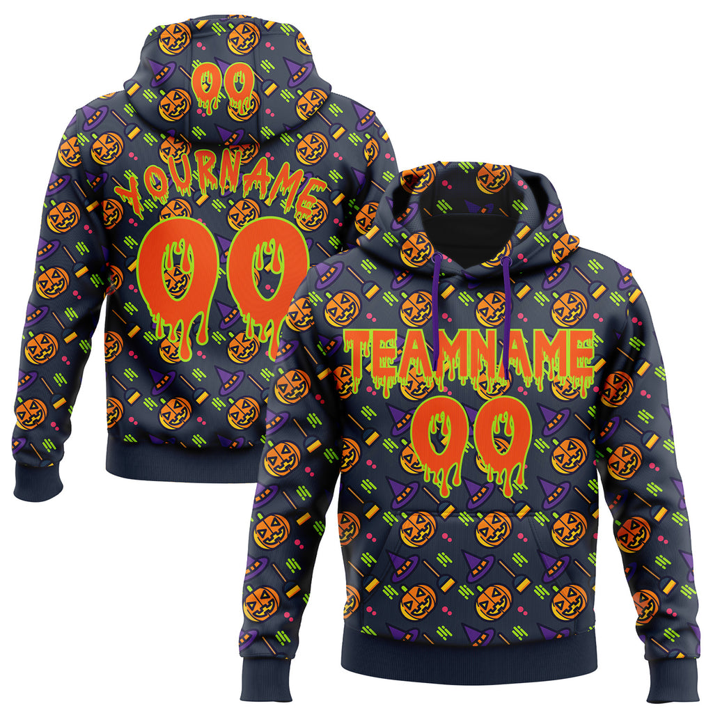 Custom  Navy Orange-Neon Green Halloween Pumpkin Head Pullover Sweatshirt Hoodie