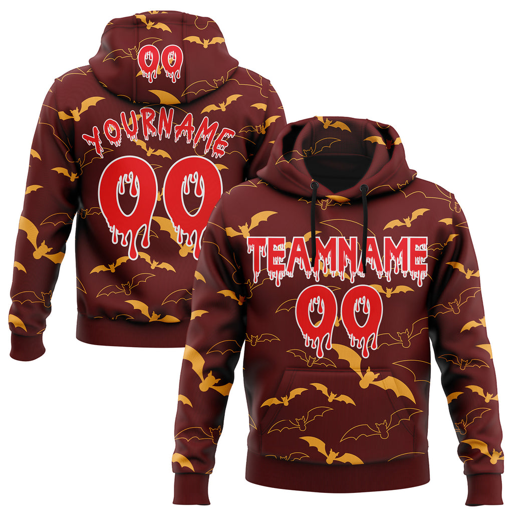 Custom  Maroon Fire Red-White Halloween Bat Pullover Sweatshirt Hoodie
