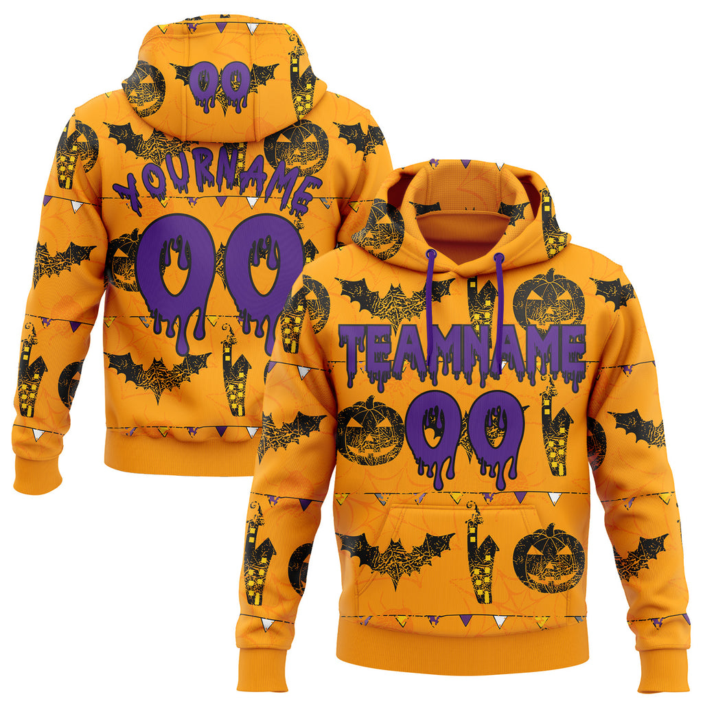 Custom  Gold Purple-Black Halloween Pumpkin Head & Haunted House Bat Pullover Sweatshirt Hoodie