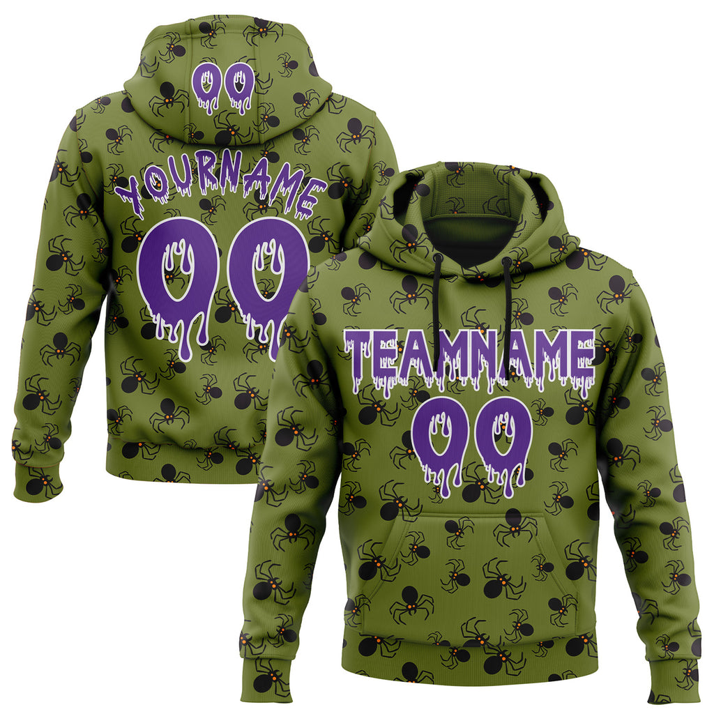 Custom  Olive Purple-White Halloween Spider Pullover Sweatshirt Hoodie