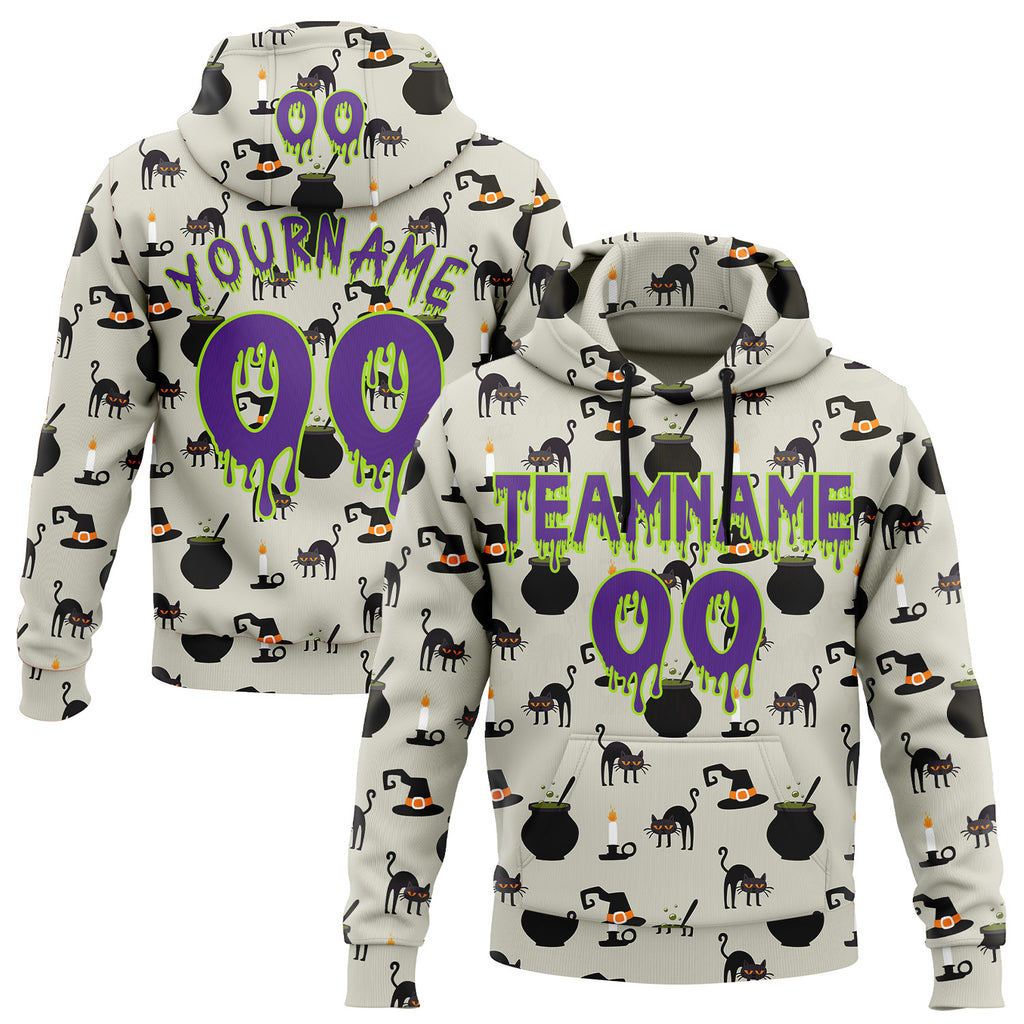 Custom  Gray Purple-Neon Green Halloween Witch Black Cat Pullover Sweatshirt Hoodie
