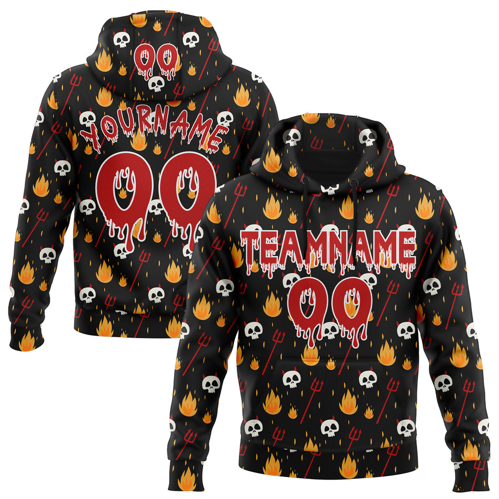 Custom  Black Red-White Halloween Skull Pullover Sweatshirt Hoodie