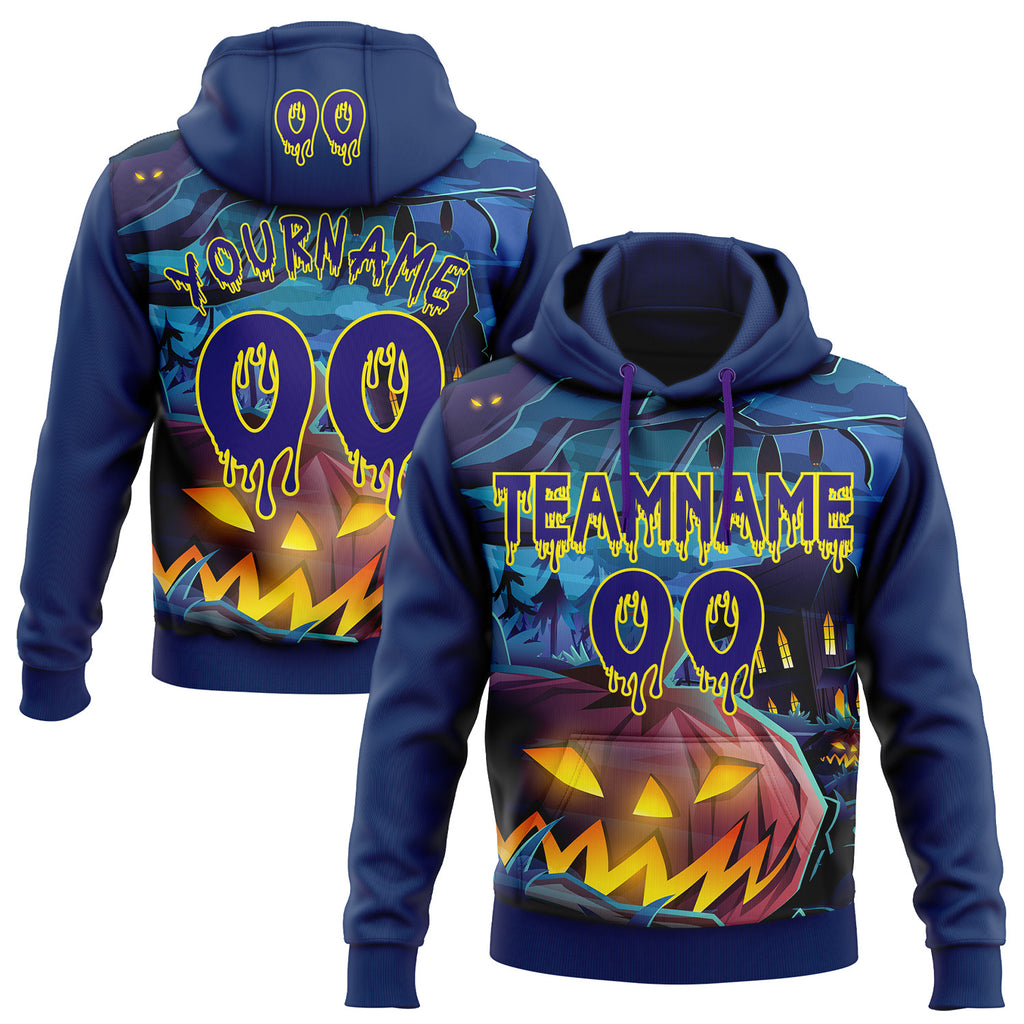 Custom  Blue Dark Purple-Light Yellow Halloween Pumpkin Head & Haunted House Pullover Sweatshirt Hoodie