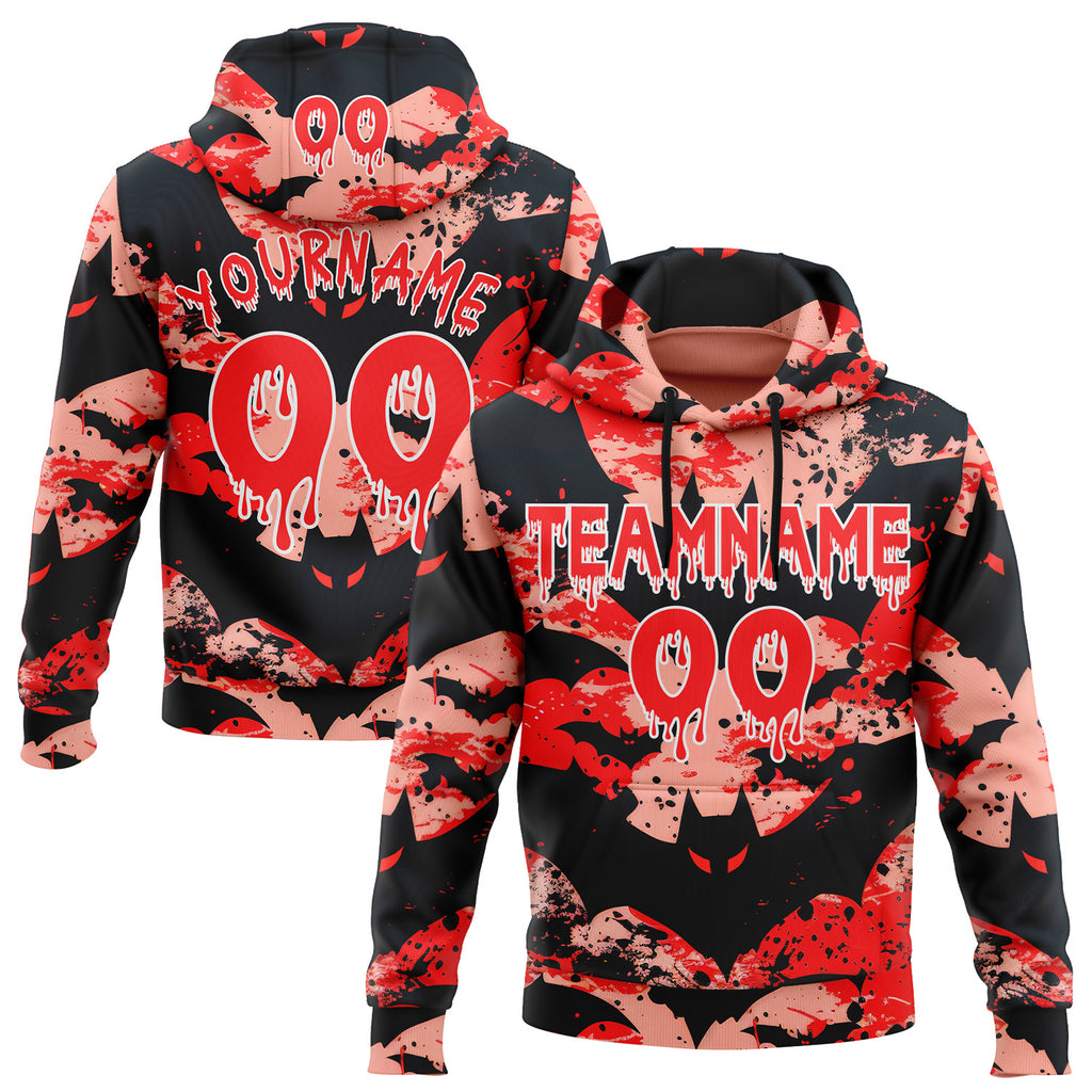 Custom  Black Fire Red Medium Pink-White Halloween Bat Pullover Sweatshirt Hoodie