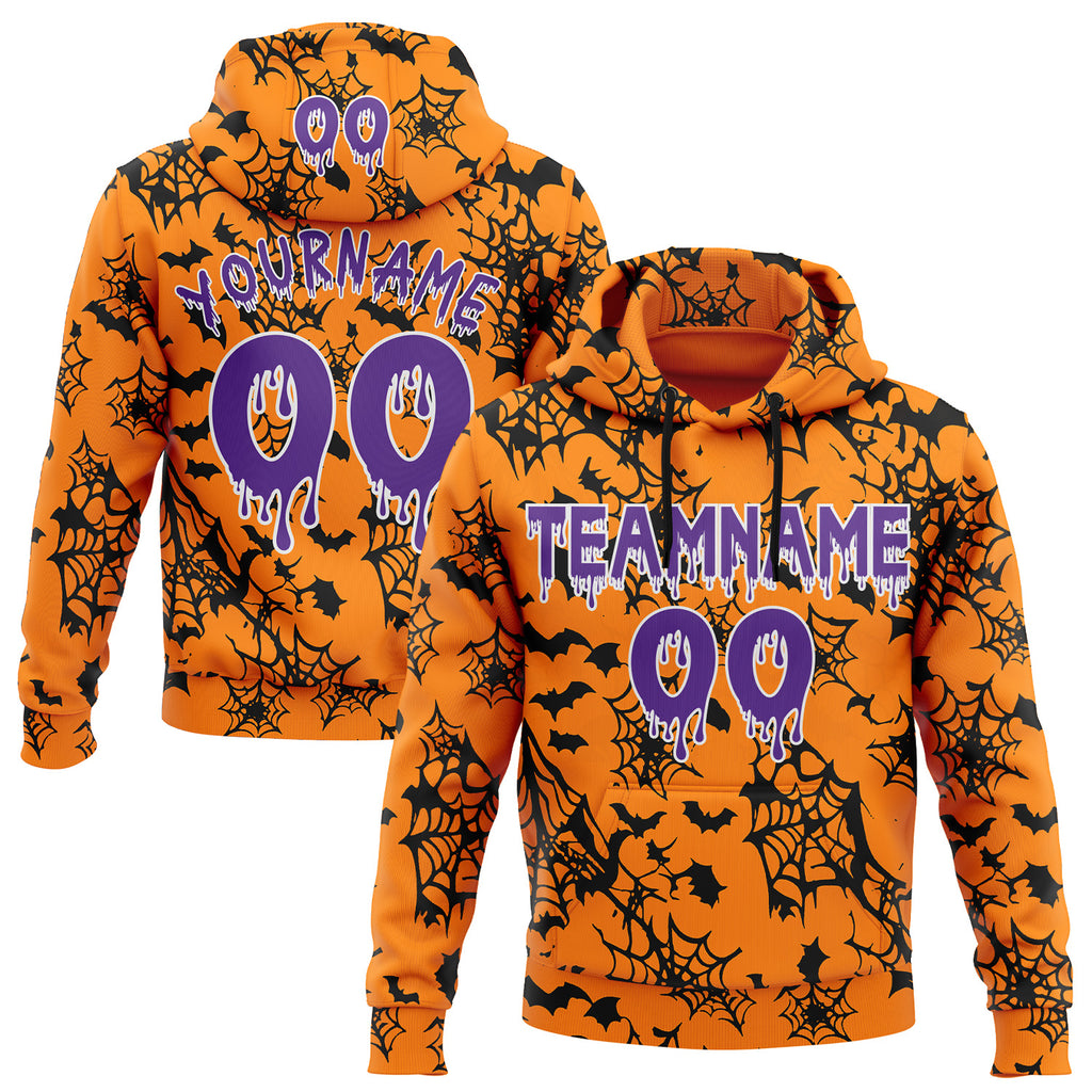 Custom  Bay Orange Purple-White Halloween Bat Net Pullover Sweatshirt Hoodie