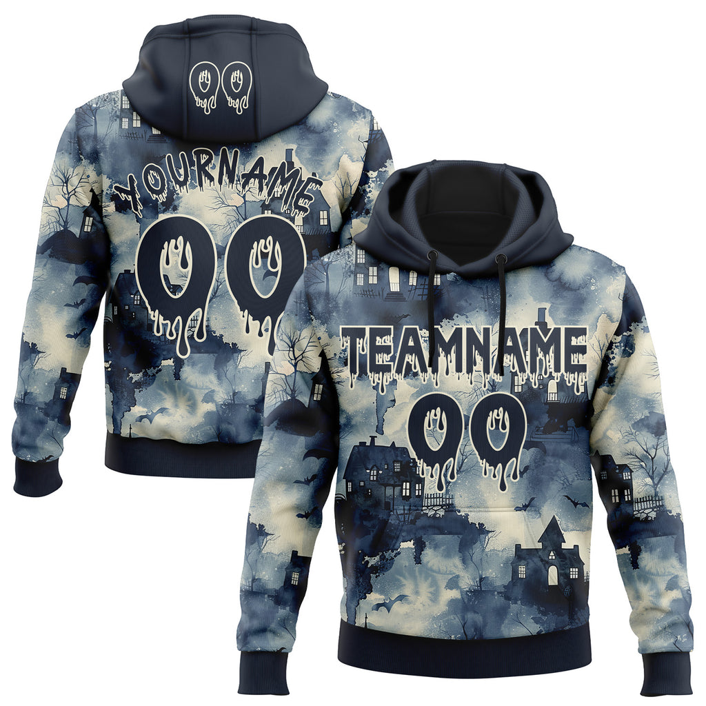 Custom  Blue Navy-Cream Halloween Spooky Haunted House Pullover Sweatshirt Hoodie