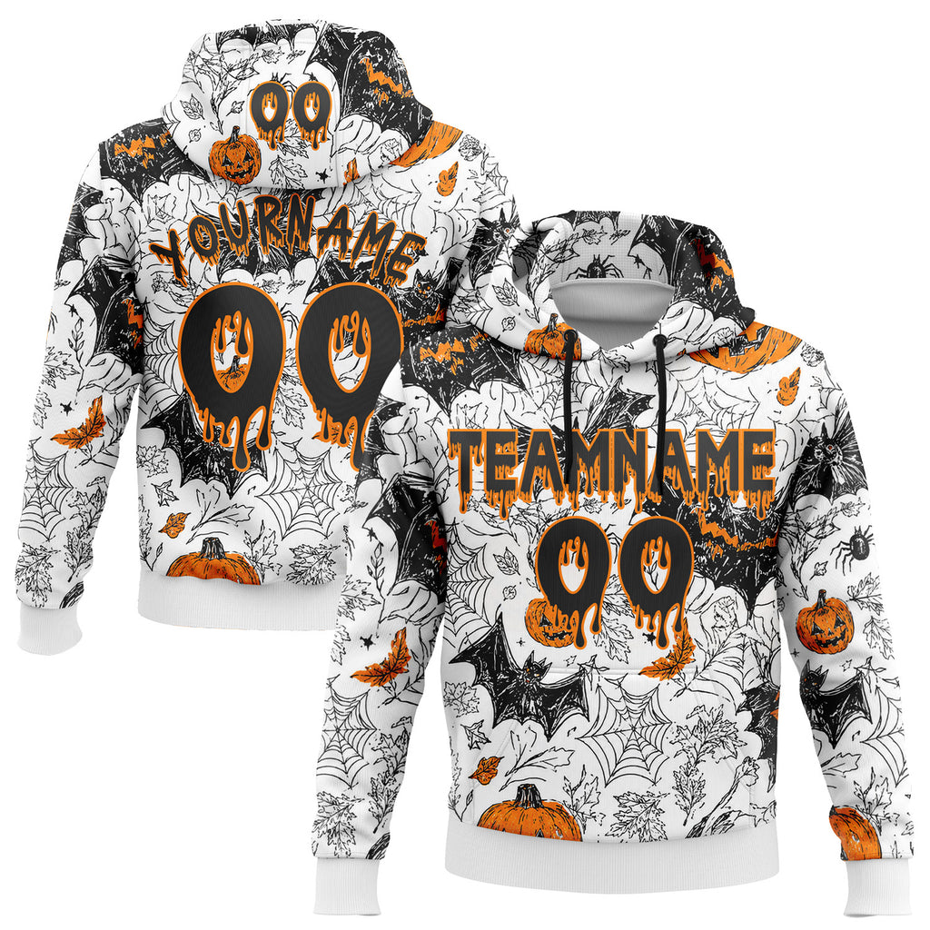 Custom  White Black-Bay Orange Halloween Pumpkin Head & Bat Pullover Sweatshirt Hoodie