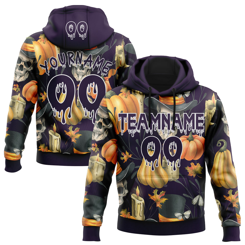 Custom  Black Purple-White Halloween Pumpkin Head Pullover Sweatshirt Hoodie