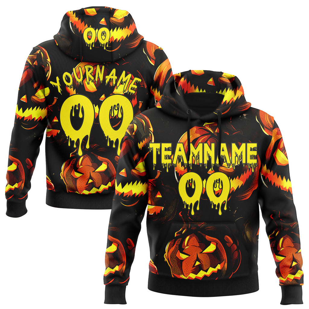 Custom  Black-Light Yellow Halloween Pumpkin Head Pullover Sweatshirt Hoodie