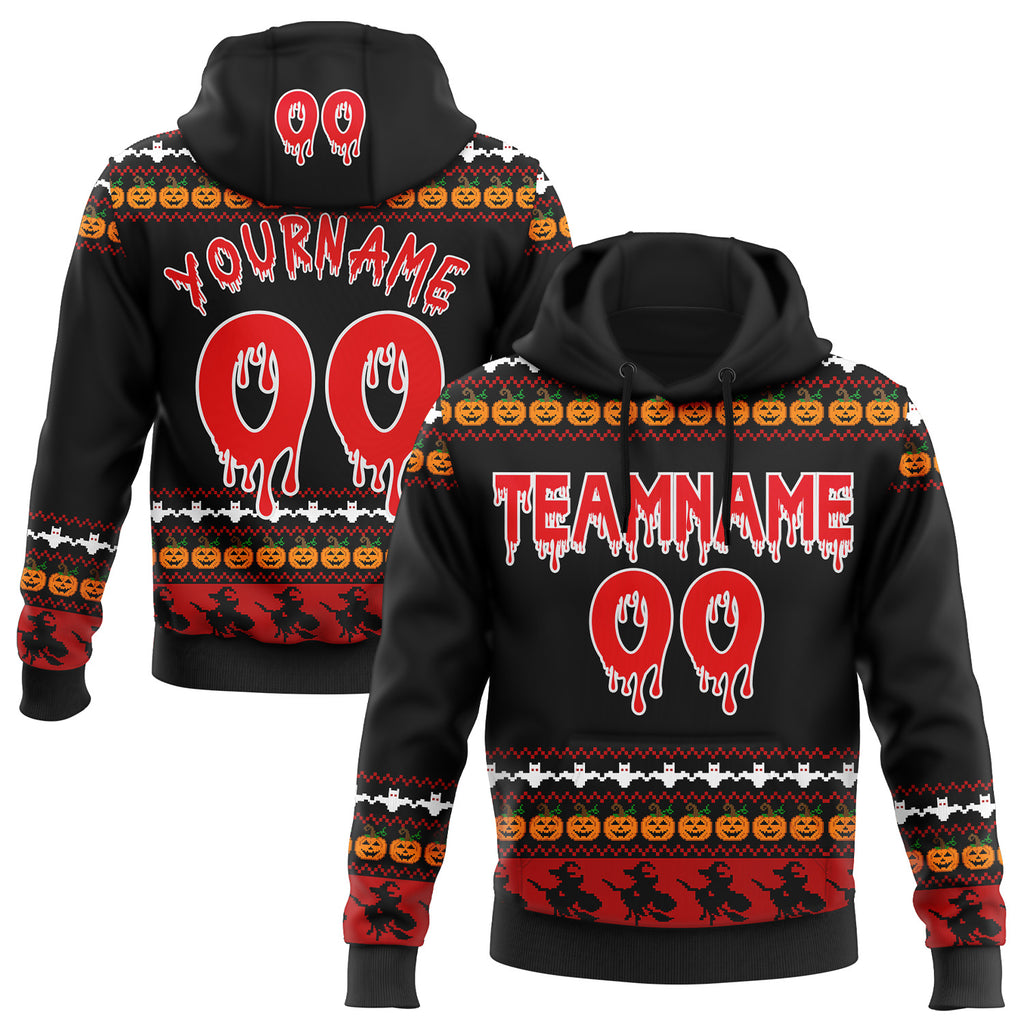 Custom  Black Fire Red Orange-White Halloween Pumpkin Head & Witch Pullover Sweatshirt Hoodie
