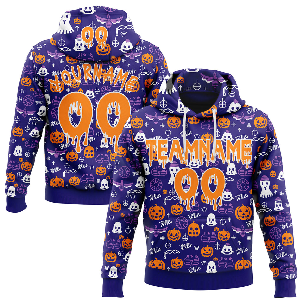 Custom  Dark Purple Bay Orange-White Halloween Pumpkin Head & Ghost Pullover Sweatshirt Hoodie