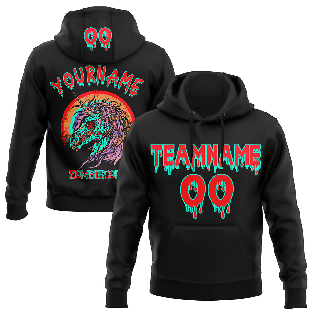 Custom  Black Red-Green Halloween Zombie Unicorn Pullover Sweatshirt Hoodie